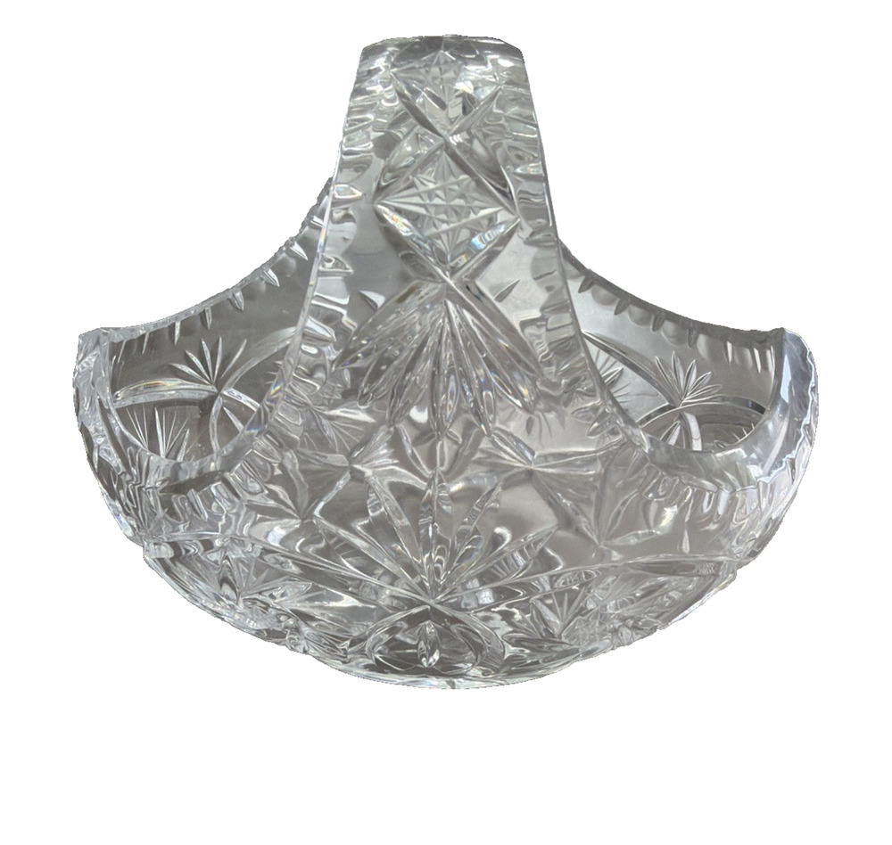 Basket with Handle, Lead Crystal Glass, 7" x 4.5" Clear Pinwheels & Stars